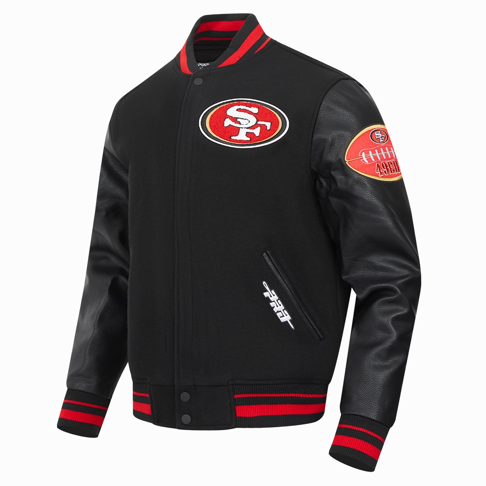 NFL SAN FRANCISCO 49ERS OLD ENGLISH MEN'S RIB WOOL VARSITY JACKET (BLACK/RED/BLACK)