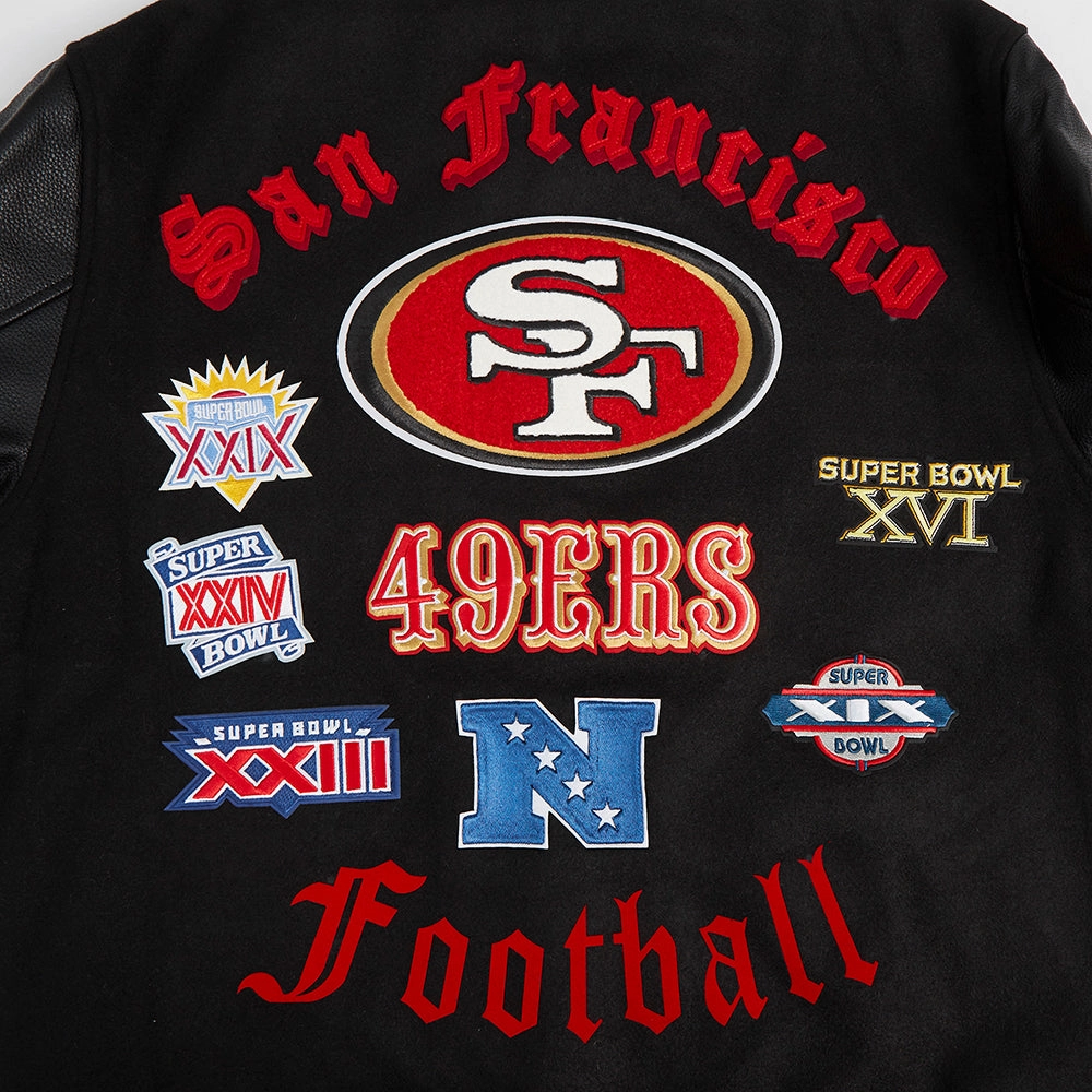 NFL SAN FRANCISCO 49ERS OLD ENGLISH MEN'S RIB WOOL VARSITY JACKET (BLACK/RED/BLACK)