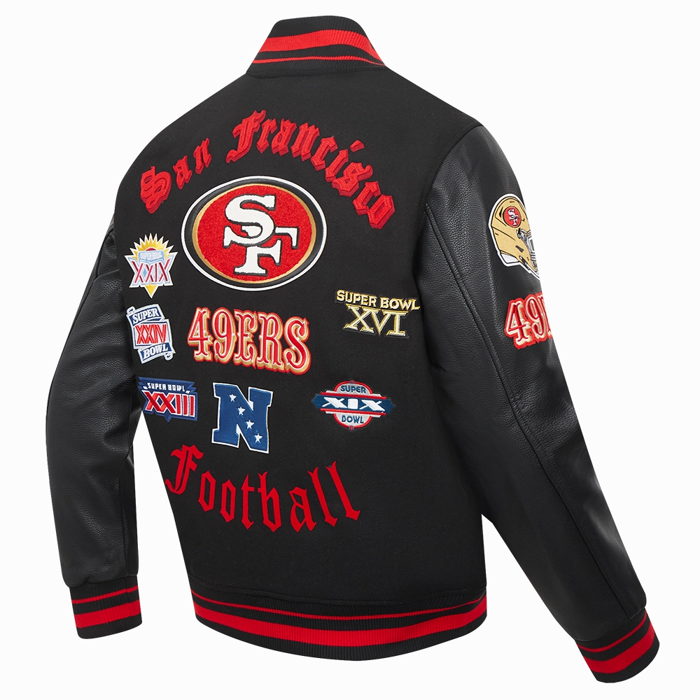NFL SAN FRANCISCO 49ERS OLD ENGLISH MEN'S RIB WOOL VARSITY JACKET (BLACK/RED/BLACK)