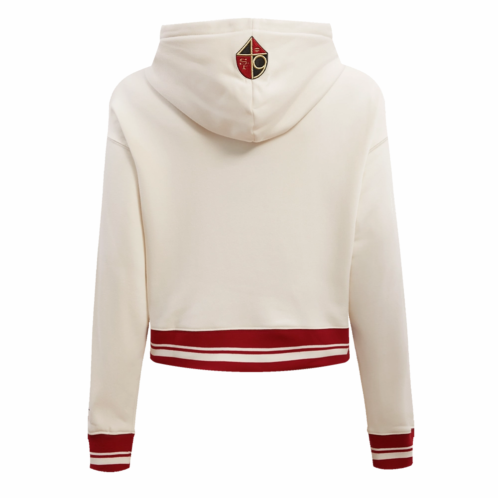 NFL SAN FRANCISCO 49ERS RETRO CLASSIC WOMEN'S CROPPED PULLOVER HOODIE (EGGSHELL/ RED)