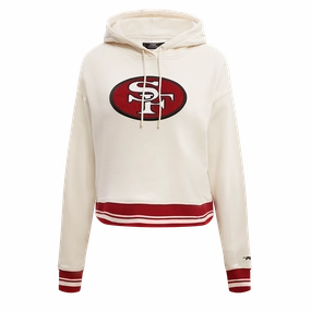 NFL SAN FRANCISCO 49ERS RETRO CLASSIC WOMEN'S CROPPED PULLOVER HOODIE (EGGSHELL/ RED)