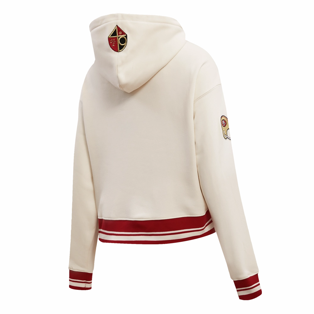 NFL SAN FRANCISCO 49ERS RETRO CLASSIC WOMEN'S CROPPED PULLOVER HOODIE (EGGSHELL/ RED)