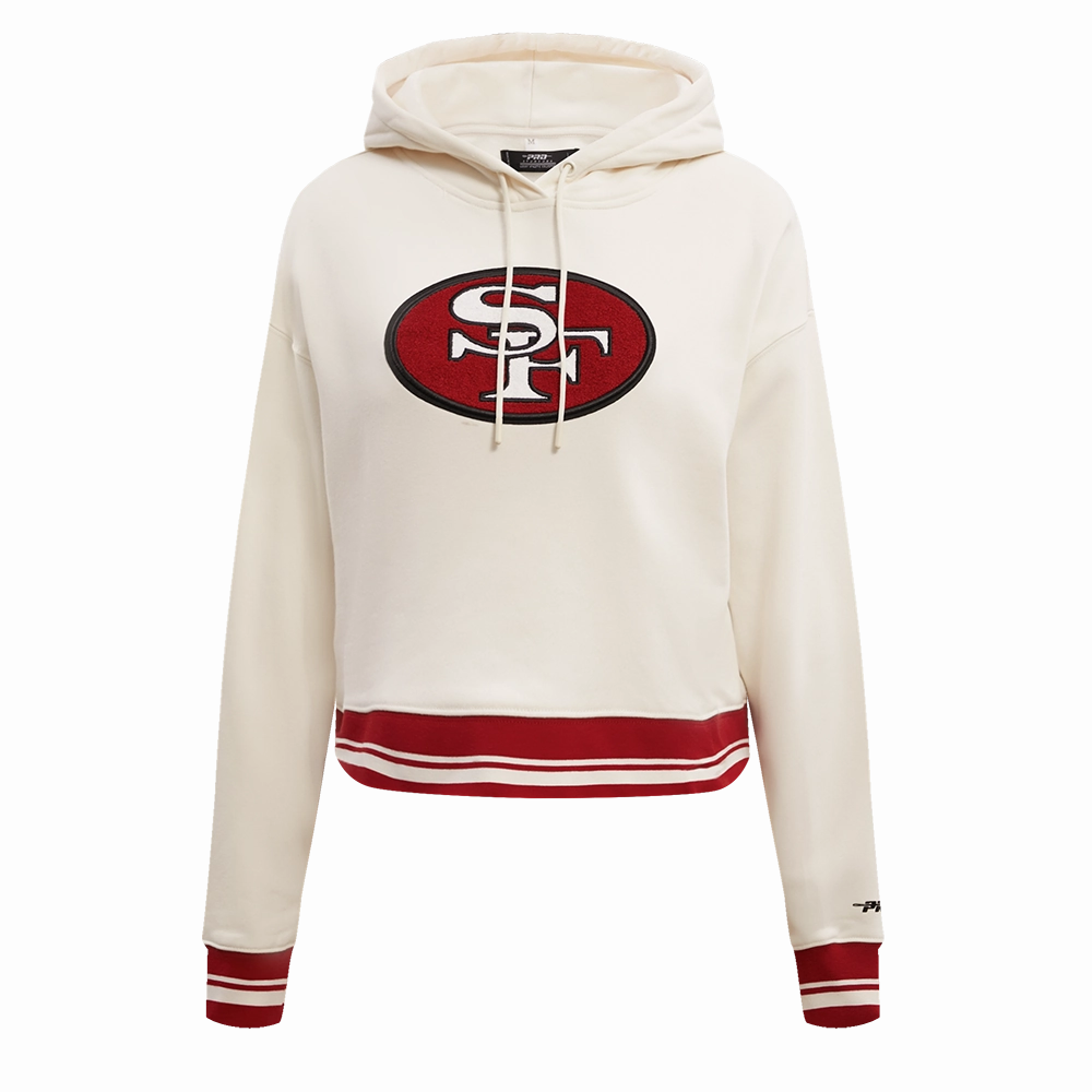 NFL SAN FRANCISCO 49ERS RETRO CLASSIC WOMEN'S CROPPED PULLOVER HOODIE (EGGSHELL/ RED)