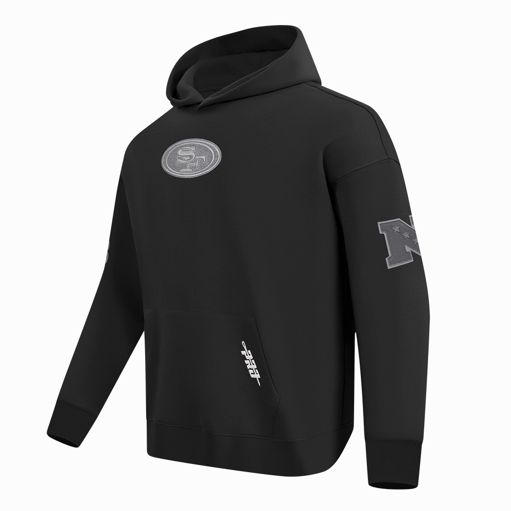 NFL SAN FRANCISCO 49ERS REVERSE FRENCH TERRY MEN'S DROP SHOULDER FLEECE PULLOVER HOODIE (BLACK)