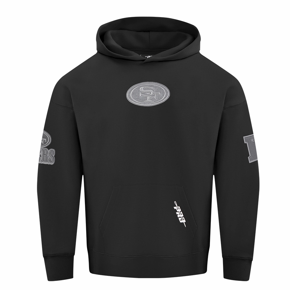 NFL SAN FRANCISCO 49ERS REVERSE FRENCH TERRY MEN'S DROP SHOULDER FLEECE PULLOVER HOODIE (BLACK)