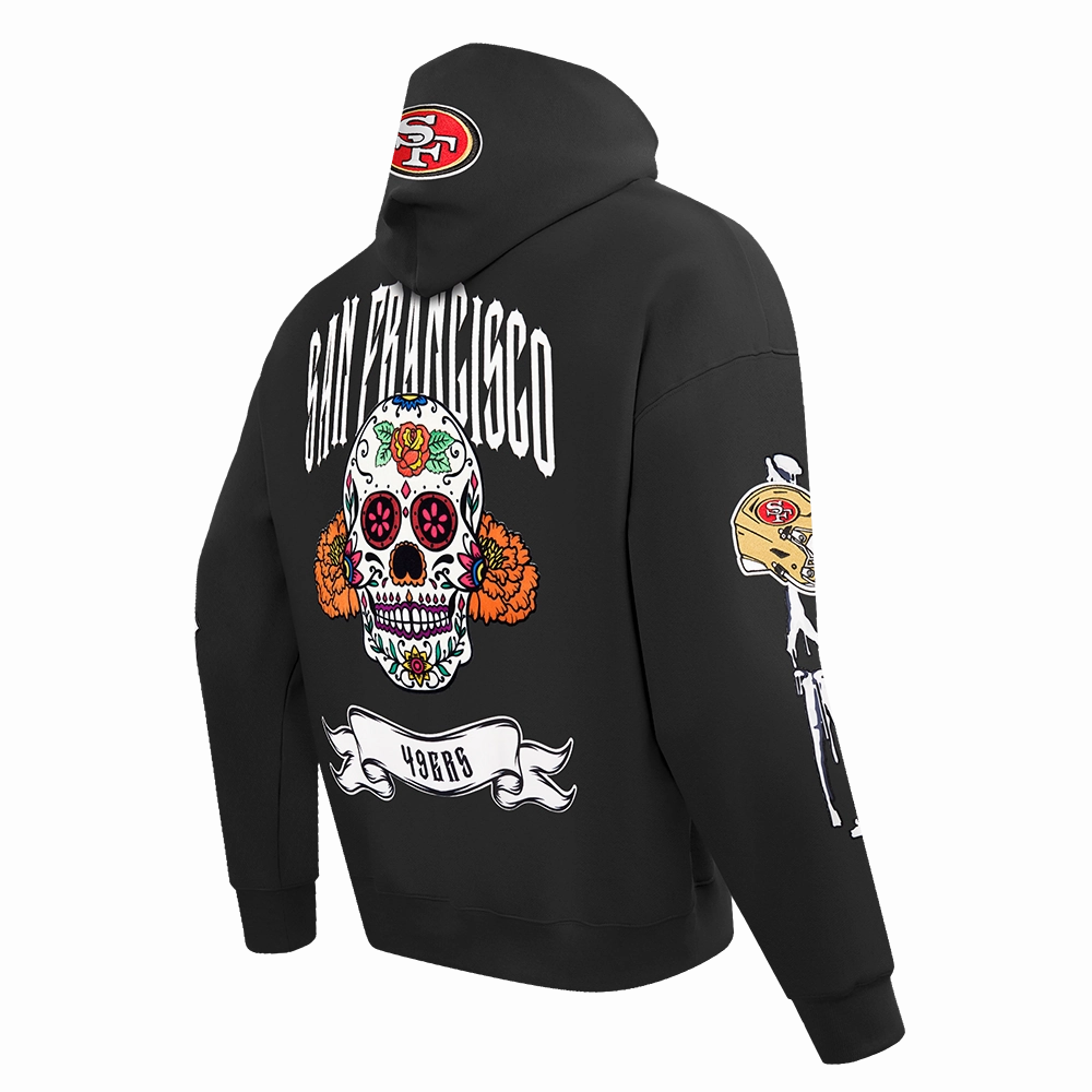 NFL SAN FRANCISCO 49ERS RIB CAGE MEN'S DROP SHOULDER FLEECE PULLOVER HOODIE (BLACK)