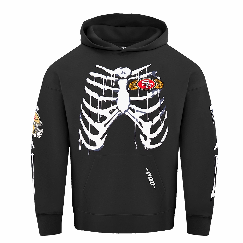 NFL SAN FRANCISCO 49ERS RIB CAGE MEN'S DROP SHOULDER FLEECE PULLOVER HOODIE (BLACK)