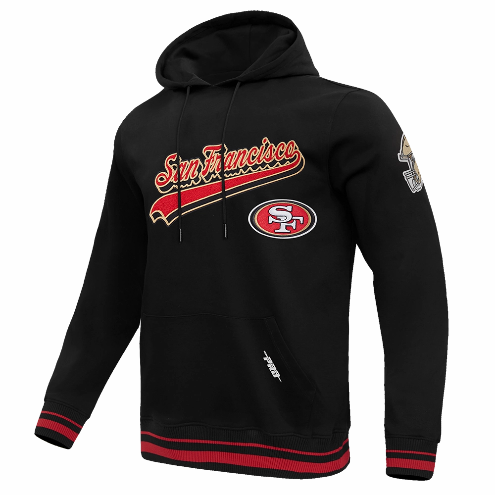 NFL SAN FRANCISCO 49ERS SCRIPT TAIL MEN'S RIB FLEECE PULLOVER HOODIE (BLACK/RED/BLACK)