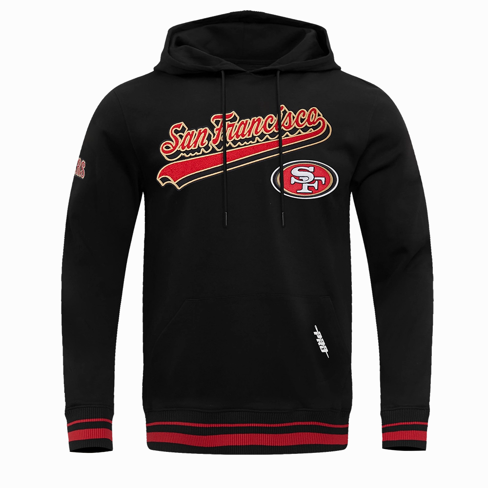 NFL SAN FRANCISCO 49ERS SCRIPT TAIL MEN'S RIB FLEECE PULLOVER HOODIE (BLACK/RED/BLACK)