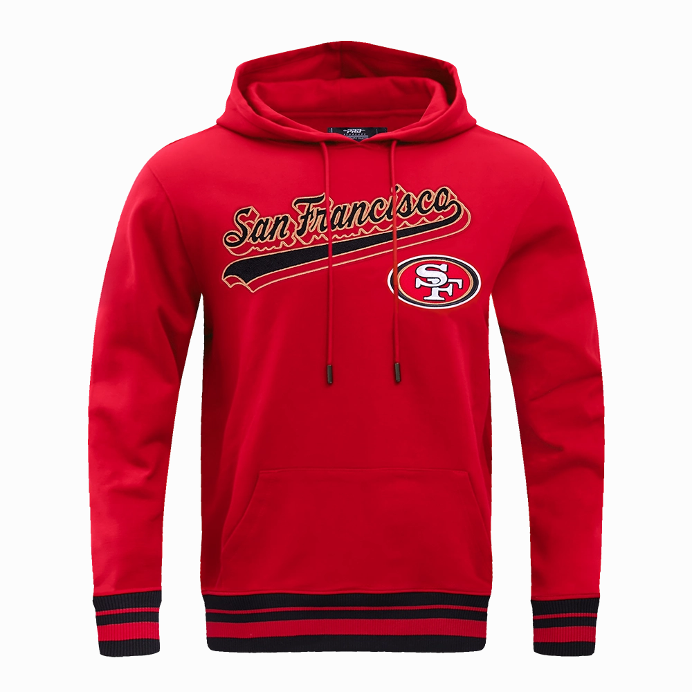 NFL SAN FRANCISCO 49ERS SCRIPT TAIL MEN'S RIB FLEECE PULLOVER HOODIE (RED/BLACK)