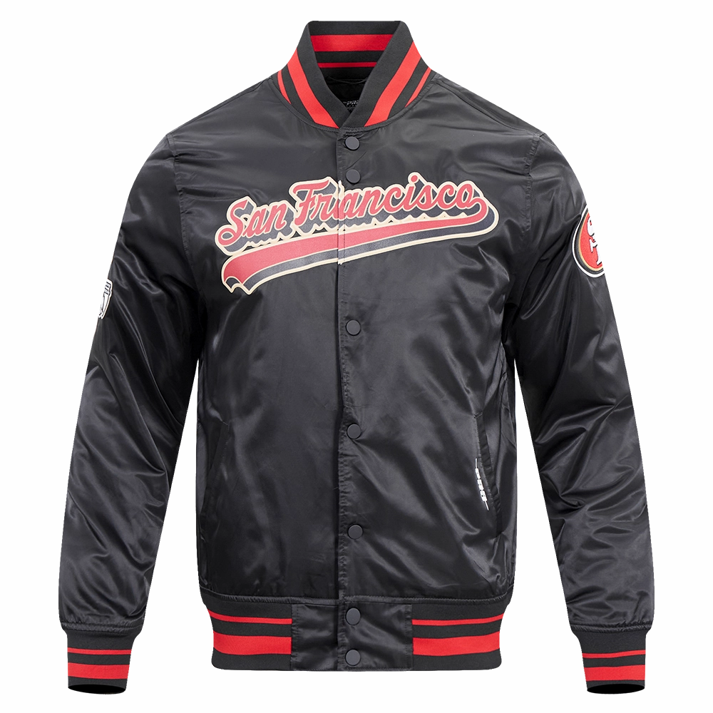 NFL SAN FRANCISCO 49ERS SCRIPT TAIL MEN'S SATIN JACKET (BLACK/RED/BLACK)