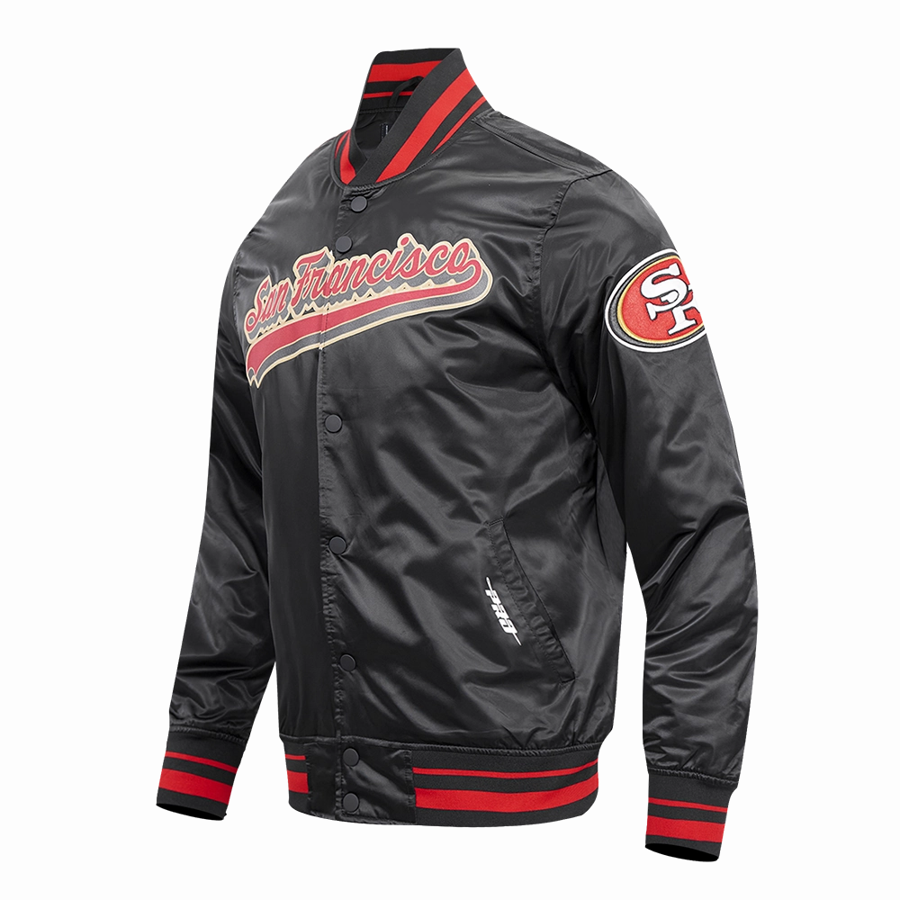NFL SAN FRANCISCO 49ERS SCRIPT TAIL MEN'S SATIN JACKET (BLACK/RED/BLACK)