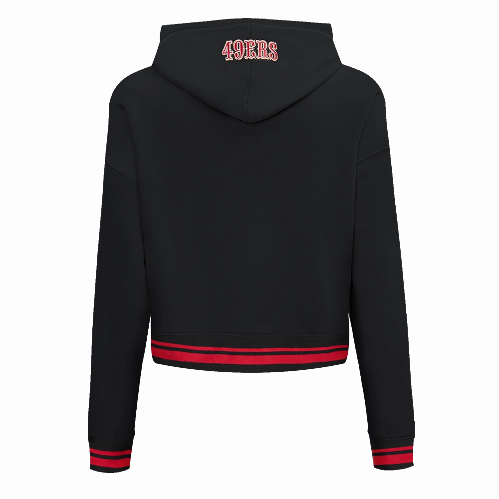 NFL SAN FRANCISCO 49ERS SCRIPT TAIL WOMEN'S RIB FLEECE CROPPED PULLOVER HOODIE (BLACK/RED/BLACK)