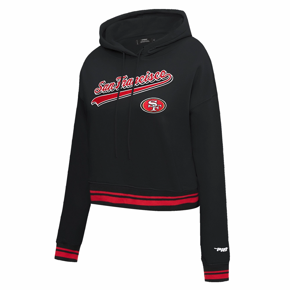 NFL SAN FRANCISCO 49ERS SCRIPT TAIL WOMEN'S RIB FLEECE CROPPED PULLOVER HOODIE (BLACK/RED/BLACK)
