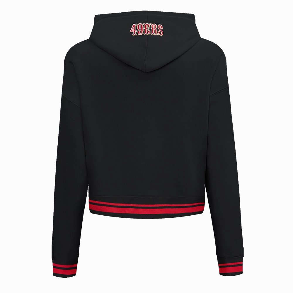 NFL SAN FRANCISCO 49ERS SCRIPT TAIL WOMEN'S RIB FLEECE CROPPED PULLOVER HOODIE (BLACK/RED/BLACK)