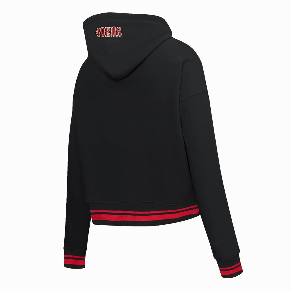 NFL SAN FRANCISCO 49ERS SCRIPT TAIL WOMEN'S RIB FLEECE CROPPED PULLOVER HOODIE (BLACK/RED/BLACK)