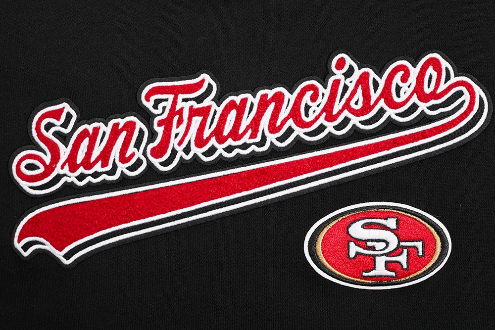 NFL SAN FRANCISCO 49ERS SCRIPT TAIL WOMEN'S RIB FLEECE CROPPED PULLOVER HOODIE (BLACK/RED/BLACK)