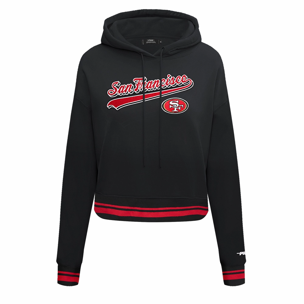 NFL SAN FRANCISCO 49ERS SCRIPT TAIL WOMEN'S RIB FLEECE CROPPED PULLOVER HOODIE (BLACK/RED/BLACK)