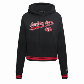 NFL SAN FRANCISCO 49ERS SCRIPT TAIL WOMEN'S RIB FLEECE CROPPED PULLOVER HOODIE (BLACK/RED/BLACK)