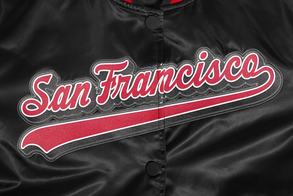 NFL SAN FRANCISCO 49ERS SCRIPT TAIL WOMEN'S SATIN JACKET (BLACK/RED/BLACK)