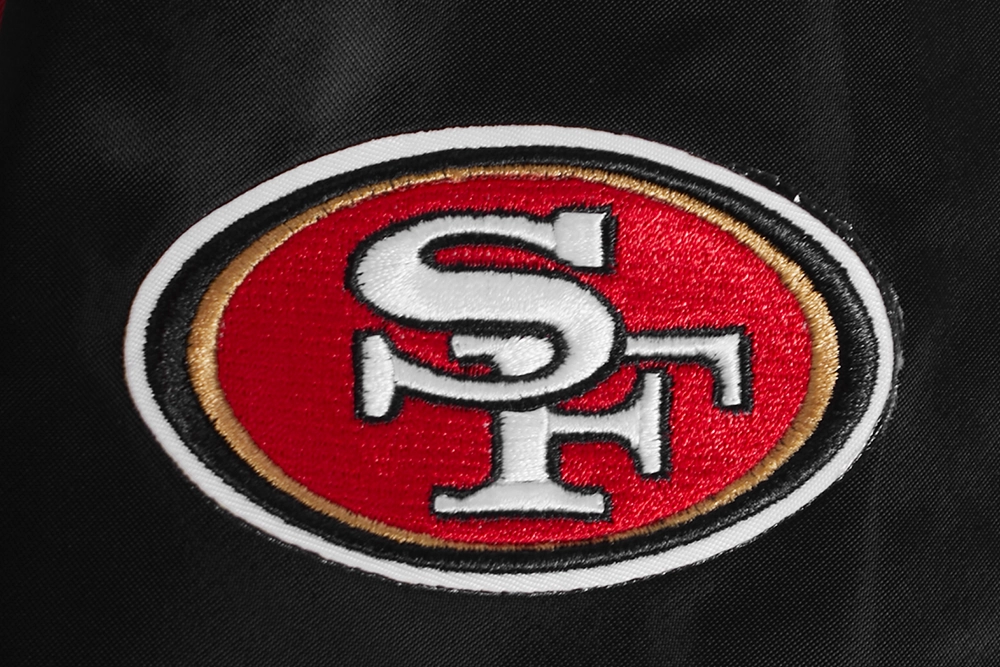 NFL SAN FRANCISCO 49ERS SCRIPT TAIL WOMEN'S SATIN JACKET (BLACK/RED/BLACK)