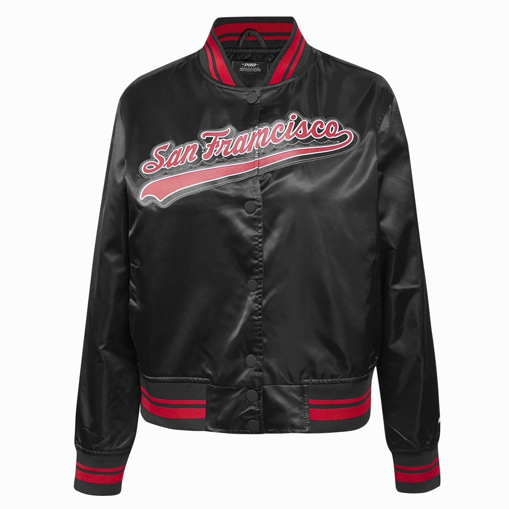 NFL SAN FRANCISCO 49ERS SCRIPT TAIL WOMEN'S SATIN JACKET (BLACK/RED/BLACK)