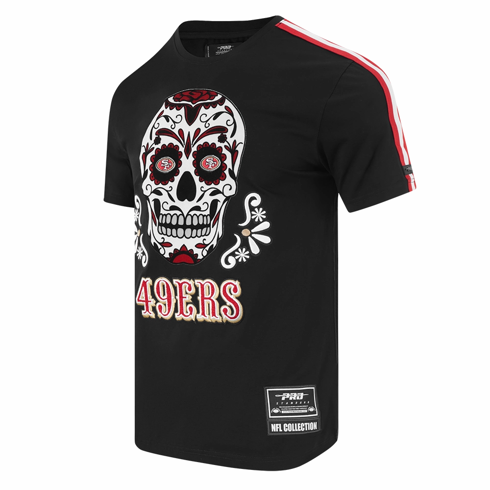 NFL SAN FRANCISCO 49ERS SUGAR SKULL MEN'S SINGLE JERSEY STRIPED TEE (BLACK/RED)