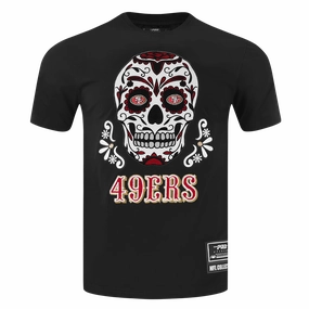 NFL SAN FRANCISCO 49ERS SUGAR SKULL MEN'S SINGLE JERSEY STRIPED TEE (BLACK/RED)