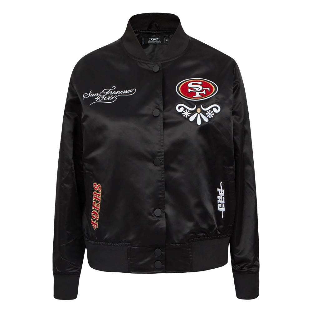 NFL SAN FRANCISCO 49ERS SUGAR SKULL WOMEN'S SATIN JACKET (BLACK)