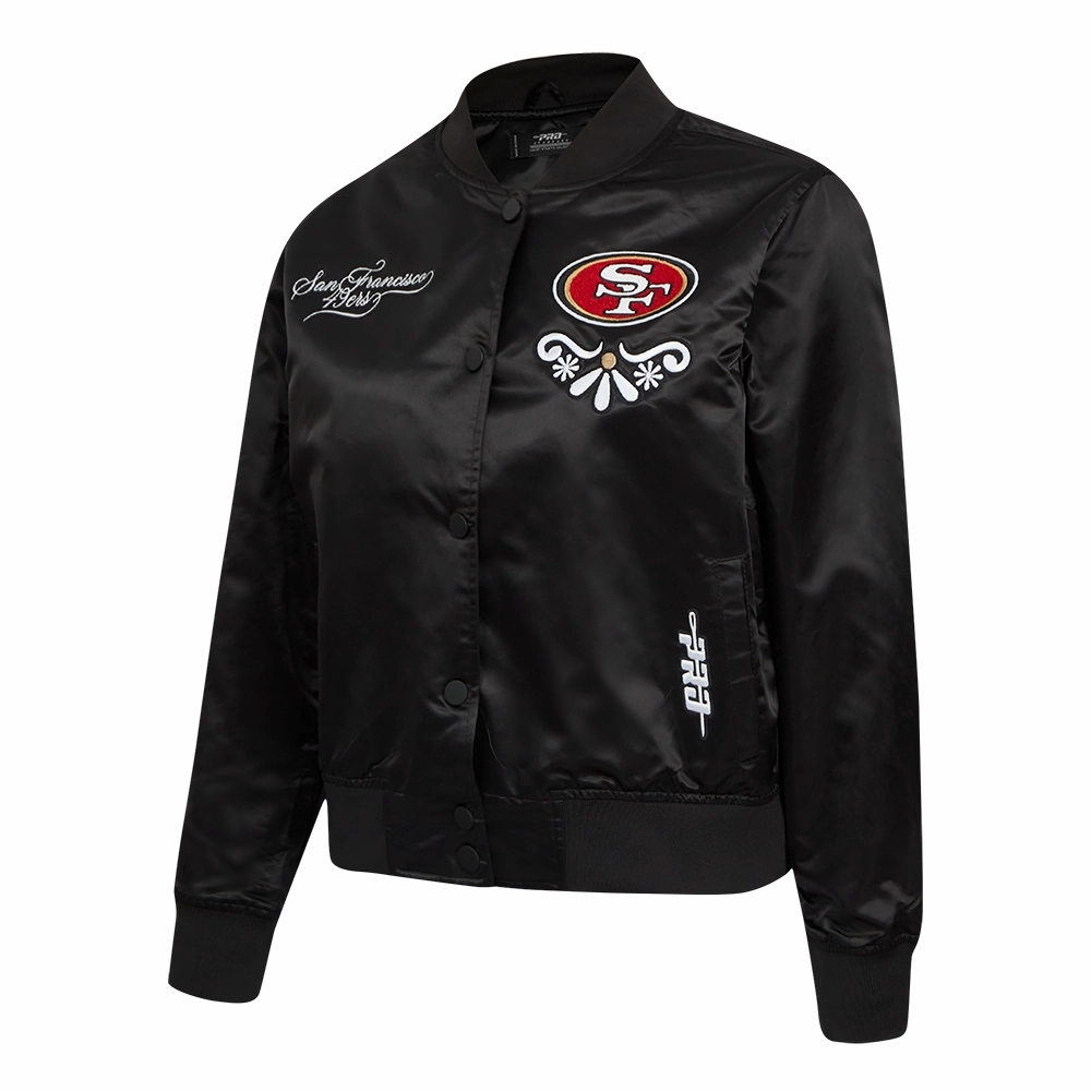 NFL SAN FRANCISCO 49ERS SUGAR SKULL WOMEN'S SATIN JACKET (BLACK)