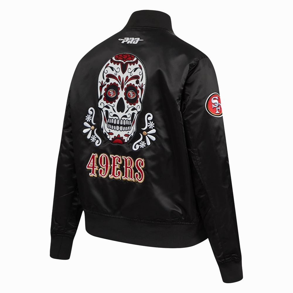 NFL SAN FRANCISCO 49ERS SUGAR SKULL WOMEN'S SATIN JACKET (BLACK)