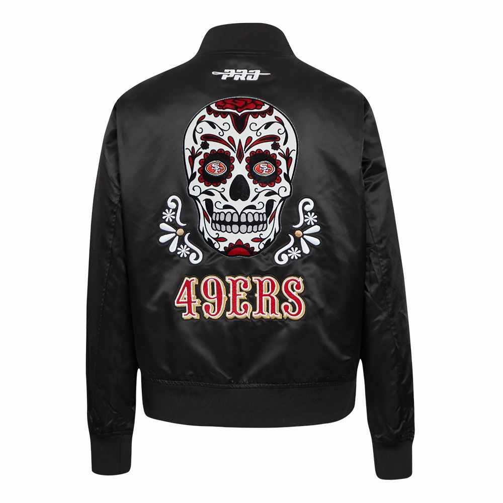 NFL SAN FRANCISCO 49ERS SUGAR SKULL WOMEN'S SATIN JACKET (BLACK)