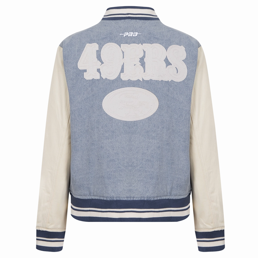NFL SAN FRANCISCO 49ERS VARSITY BLUES WOMEN'S DENIM VARSITY JACKET (DENIM/LINEN)