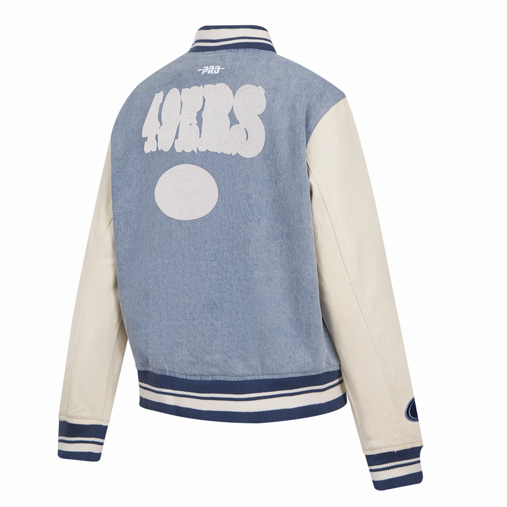 NFL SAN FRANCISCO 49ERS VARSITY BLUES WOMEN'S DENIM VARSITY JACKET (DENIM/LINEN)