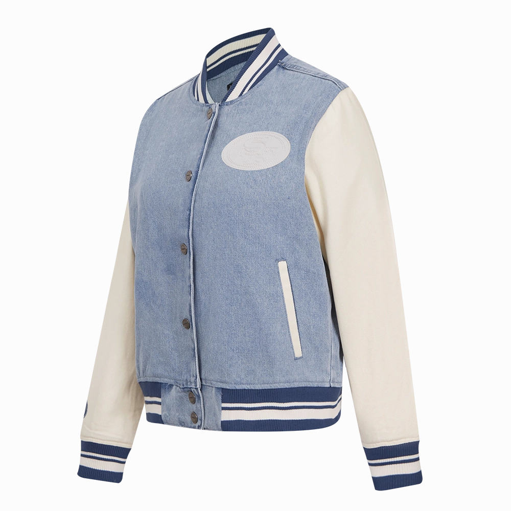 NFL SAN FRANCISCO 49ERS VARSITY BLUES WOMEN'S DENIM VARSITY JACKET (DENIM/LINEN)
