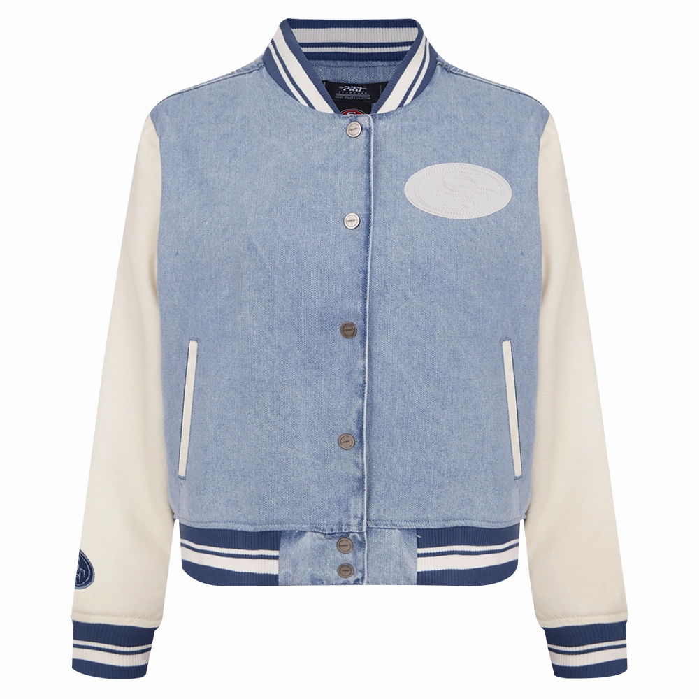 NFL SAN FRANCISCO 49ERS VARSITY BLUES WOMEN'S DENIM VARSITY JACKET (DENIM/LINEN)