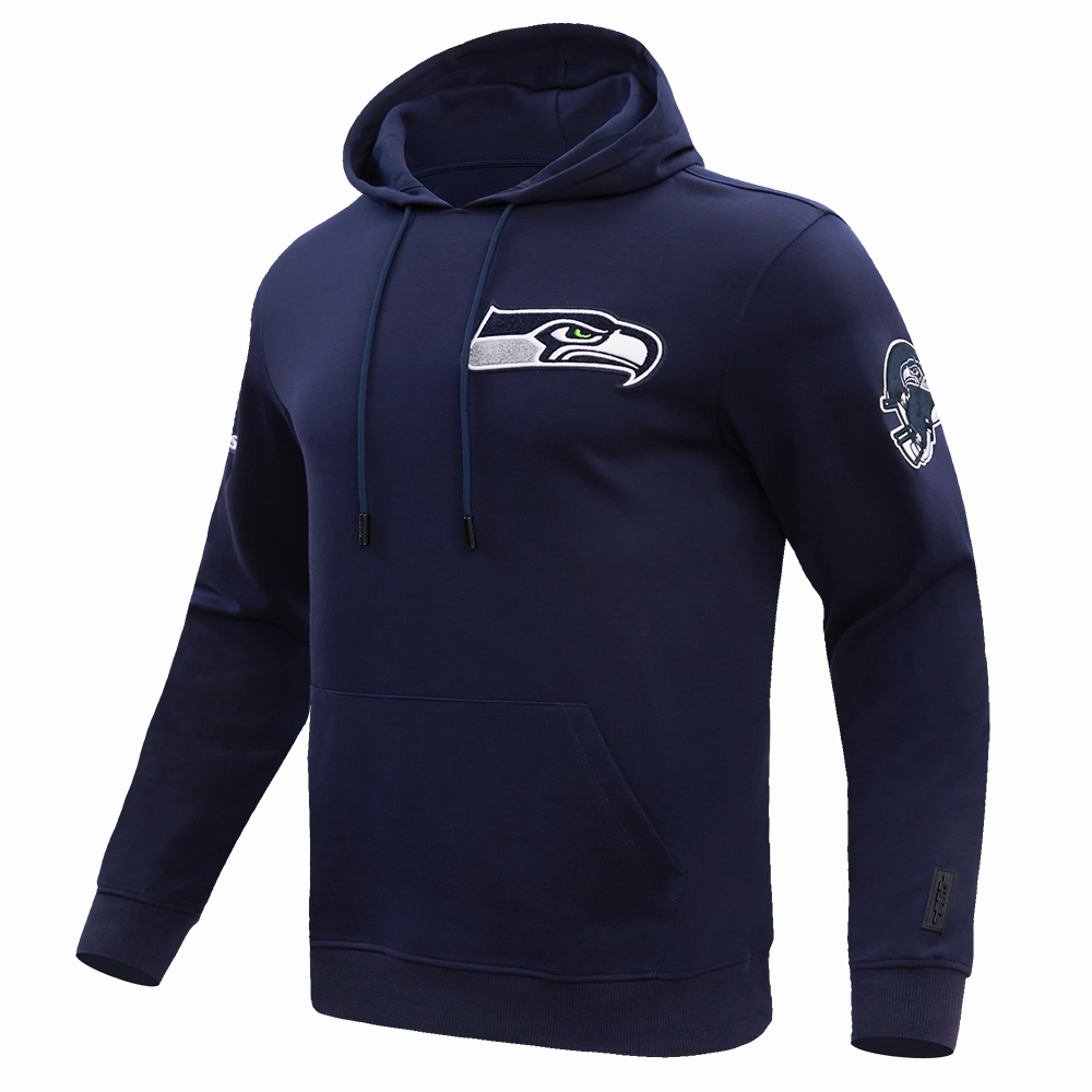 NFL SEATTLE SEAHAWKS CLASSIC CHENILLE MEN'S DOUBLE KNIT PULLOVER HOODIE (MIDNIGHT NAVY)