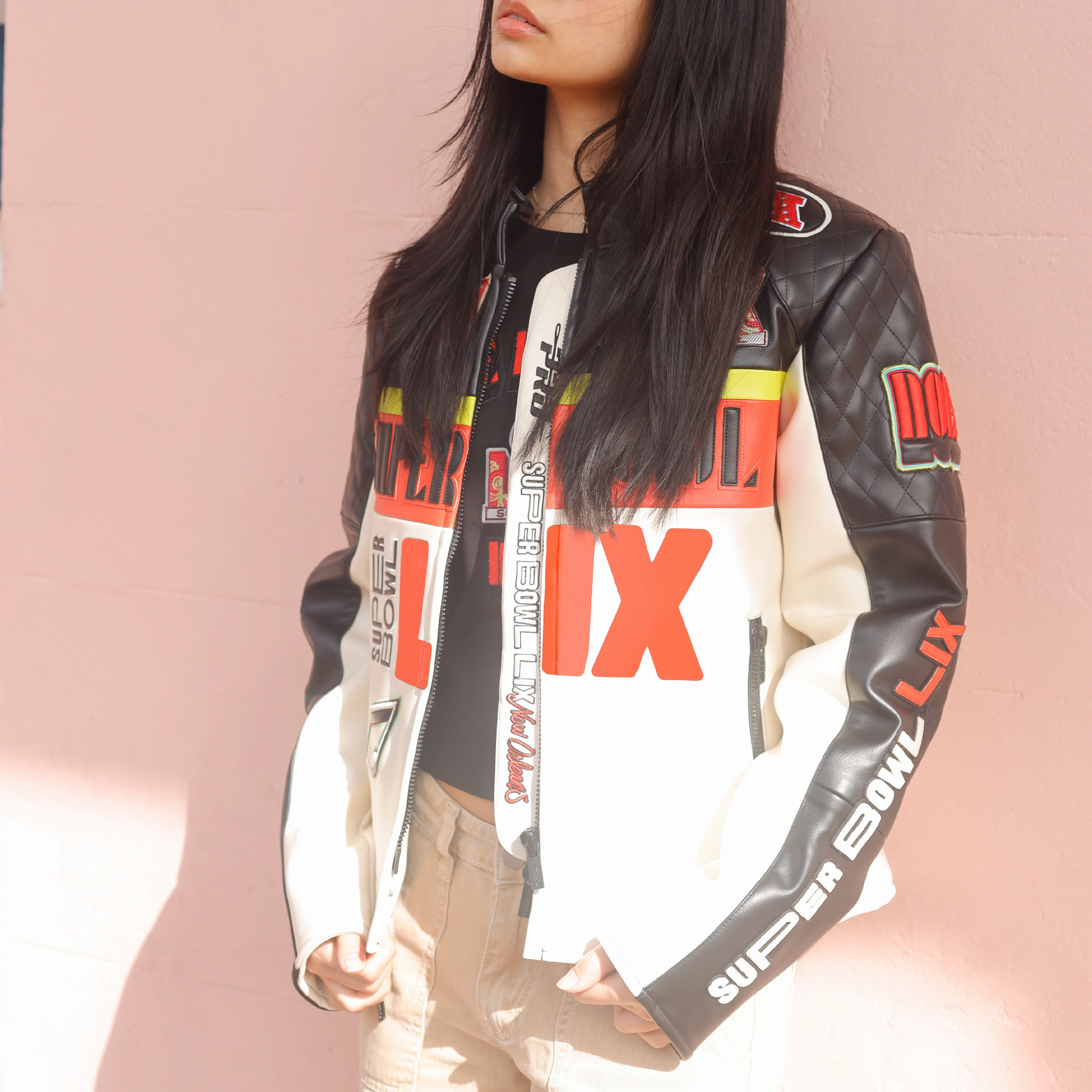 NFL SUPER BOWL 59 WOMEN'S PINNACLE MOTO LEATHER JACKET (EGGSHELL/ BLACK)