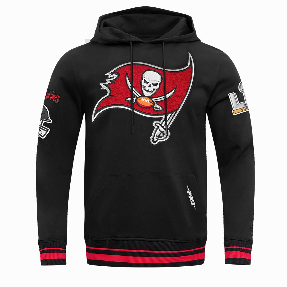 NFL TAMPA BAY BUCCANEERS MASHUP MEN'S RIB PULLOVER HOODIE (BLACK/RED/BLACK)