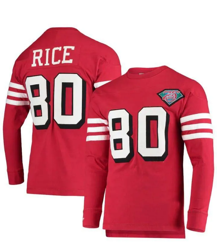 SF.49ers #80 Jerry Rice Mitchell & Ness Throwback Retired Player Name & Number Long Sleeve Top  Stitched American Football Jersey