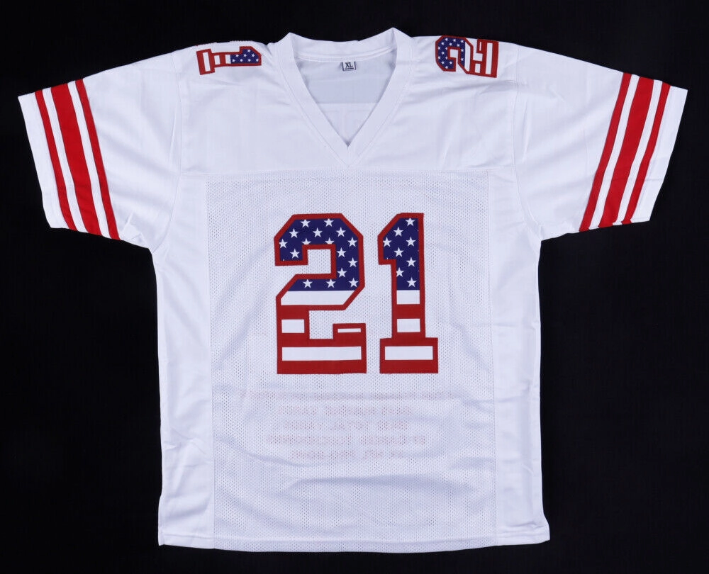 Tiki Barber Signed New York Giants Career Highlight Stat USA Jersey (JSA COA)