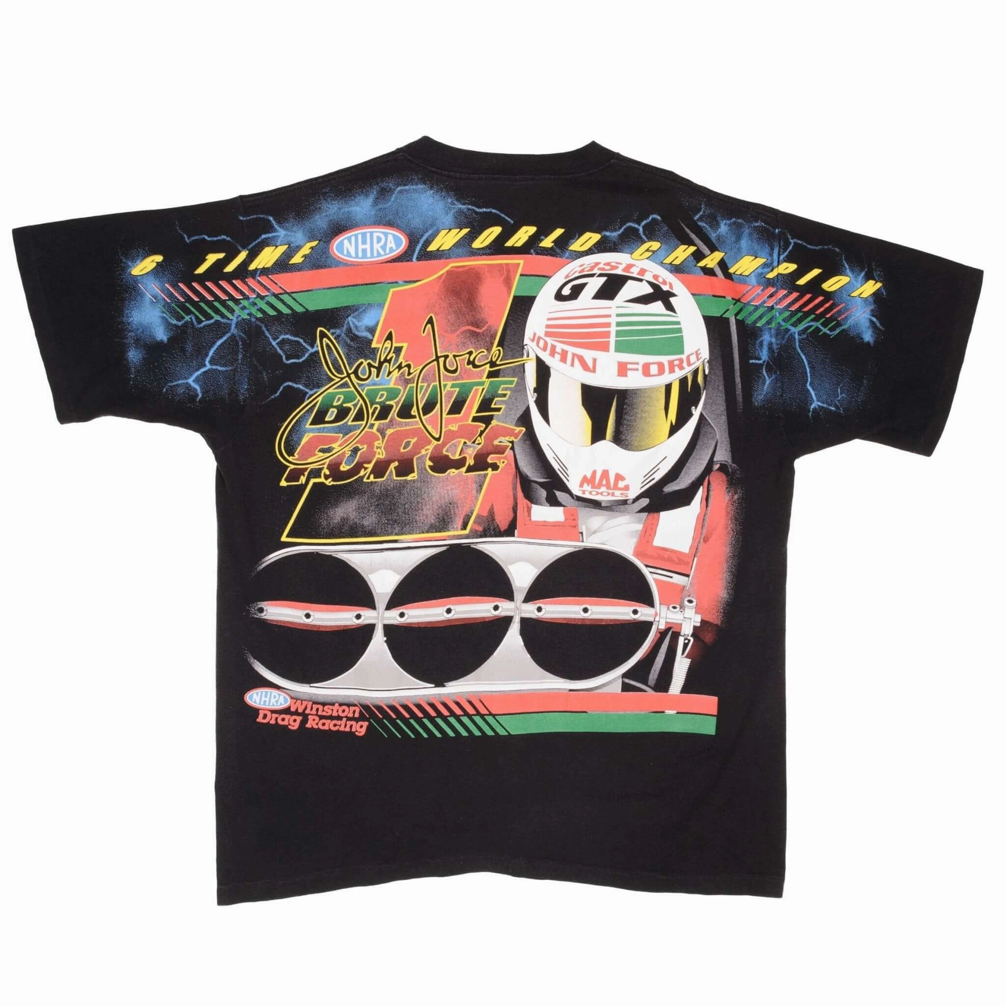 VINTAGE ALLOVER PRINT RACING NHRA JOHN FORCE 1990S TEE SHIRT LARGE MADE IN USA