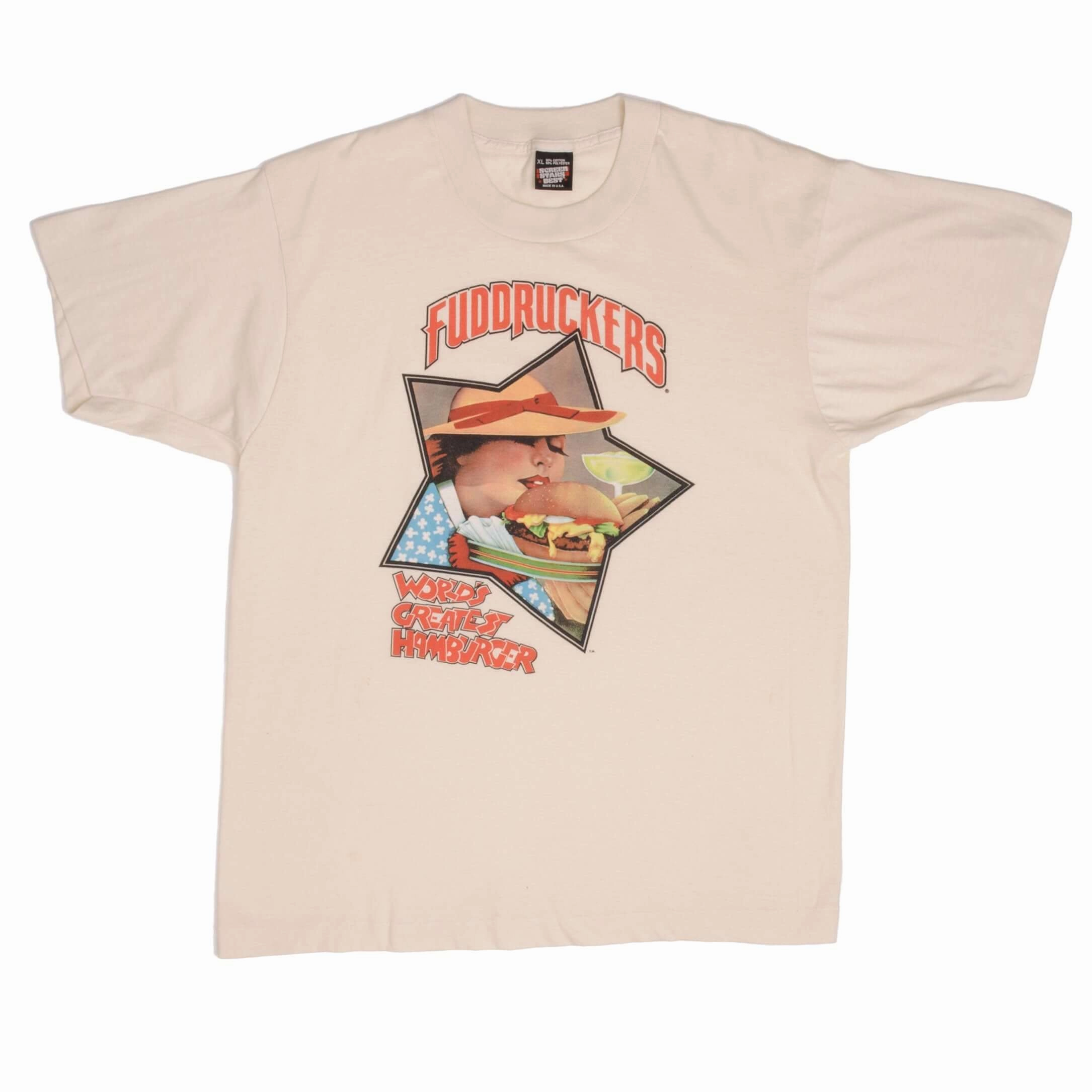VINTAGE FUDDRUCKERS WORLD'S GREATEST BURGERS TEE SHIRT 1990S LARGE MADE USA