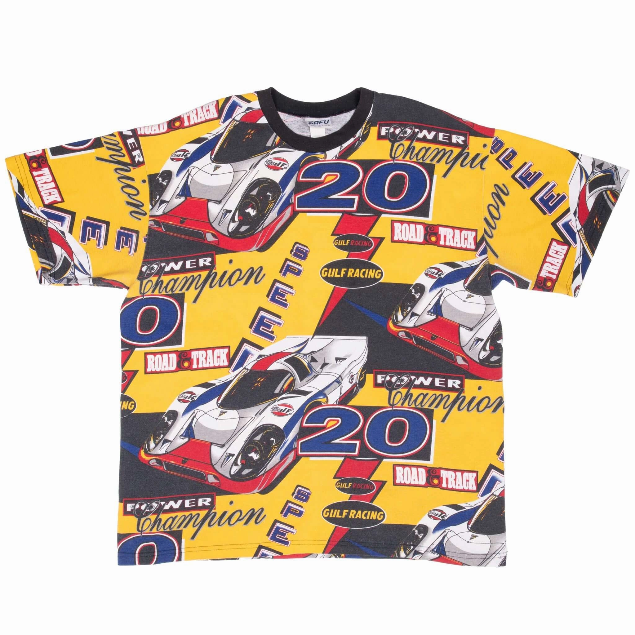 VINTAGE GULF RACING ALL OVER PRINT POWER CHAMPION 1990S TEE SHIRT XL MADE IN USA
