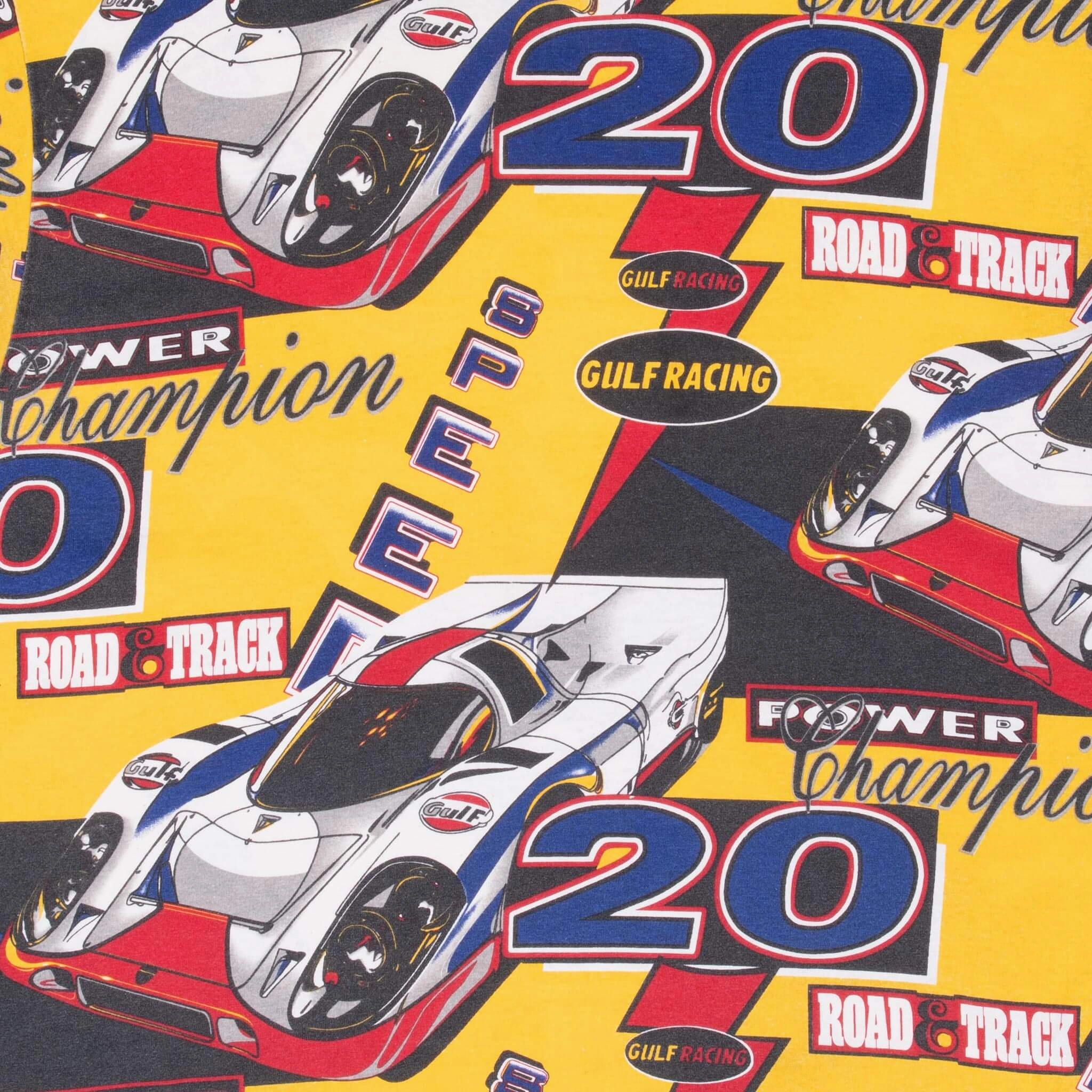 VINTAGE GULF RACING ALL OVER PRINT POWER CHAMPION 1990S TEE SHIRT XL MADE IN USA