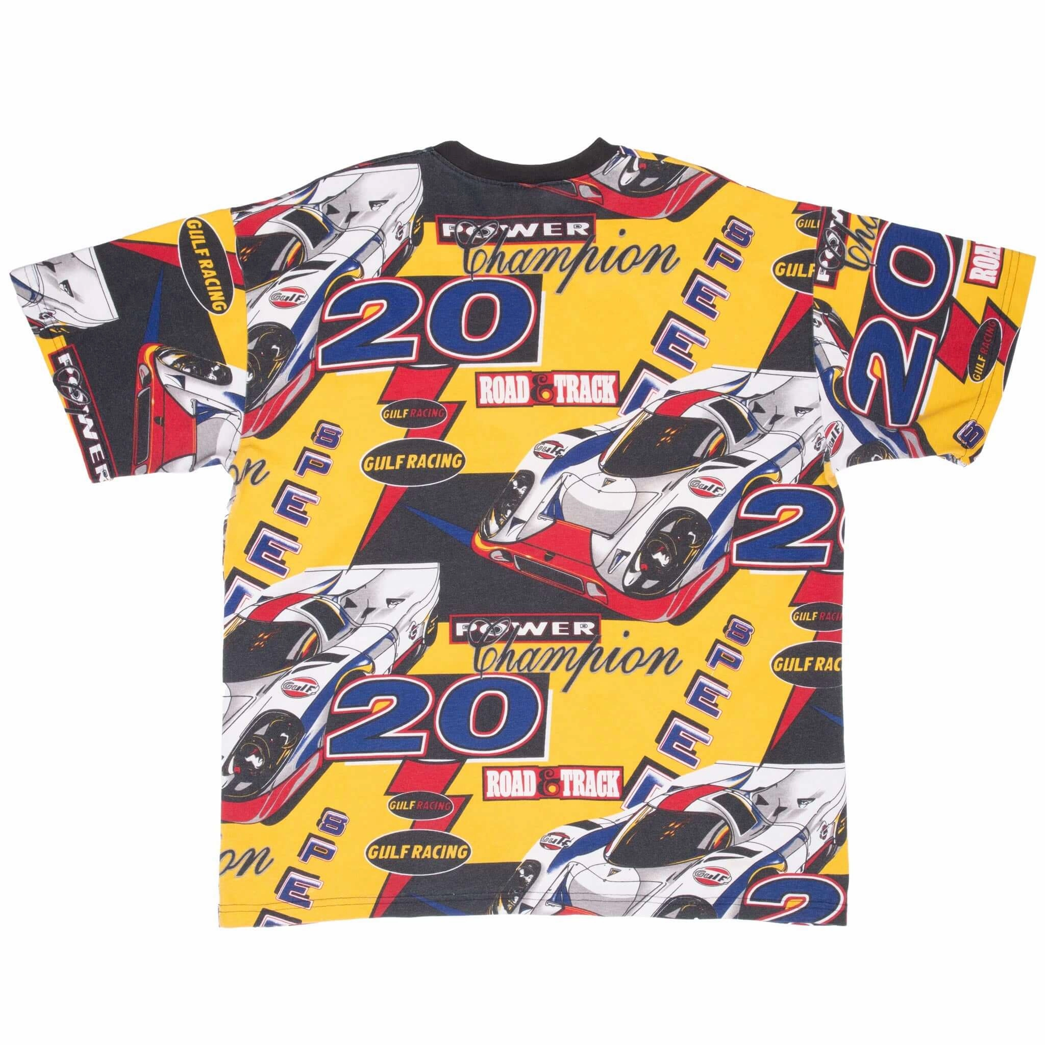 VINTAGE GULF RACING ALL OVER PRINT POWER CHAMPION 1990S TEE SHIRT XL MADE IN USA
