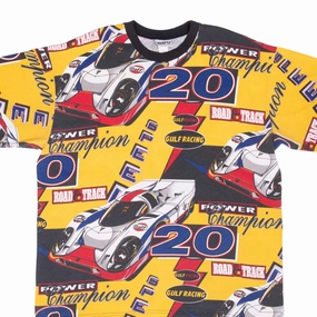 VINTAGE GULF RACING ALL OVER PRINT POWER CHAMPION 1990S TEE SHIRT XL MADE IN USA