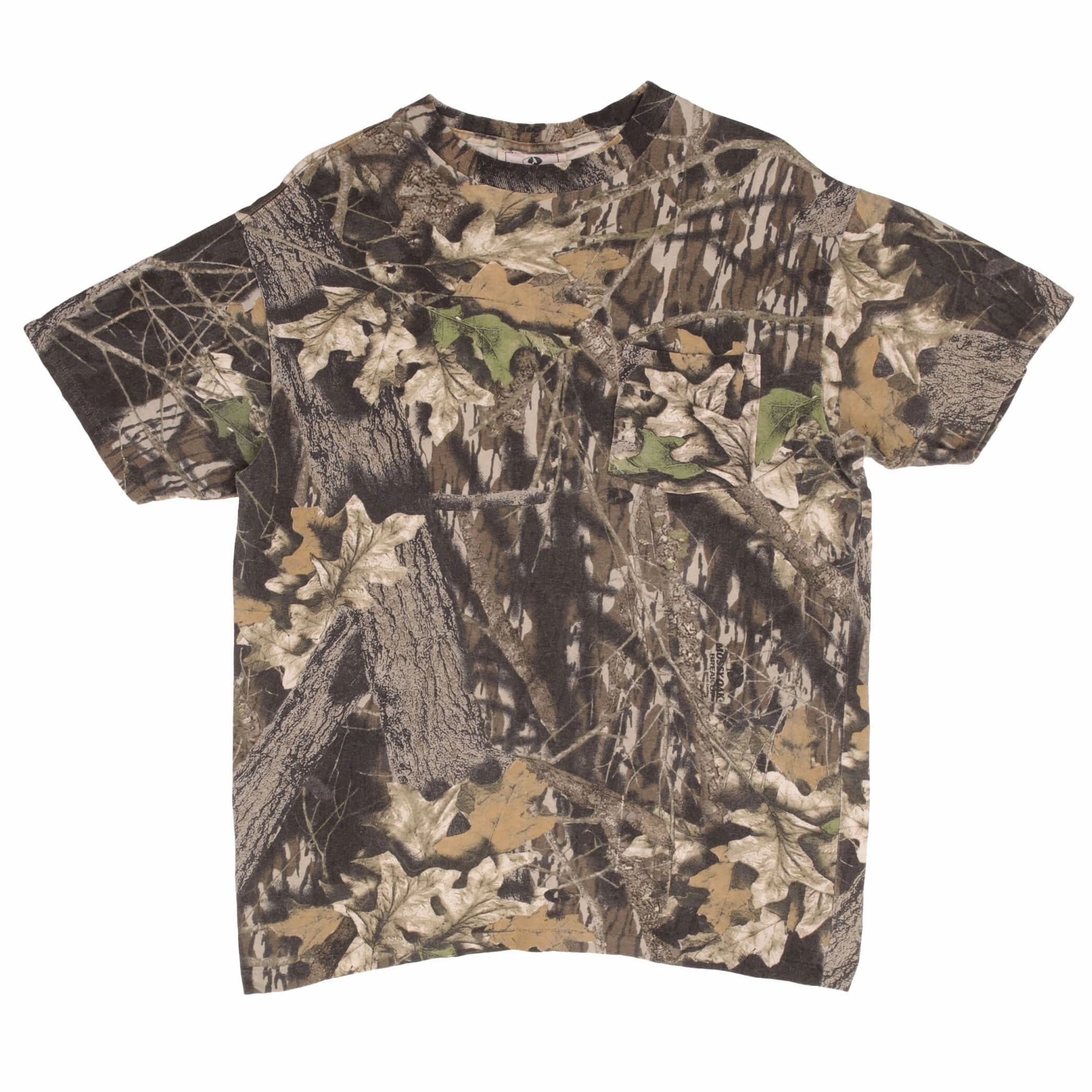 VINTAGE HUNTING MOSSY OAK BREAK UP CAMO POCKET TEE SHIRT 1990S MEDIUM MADE USA
