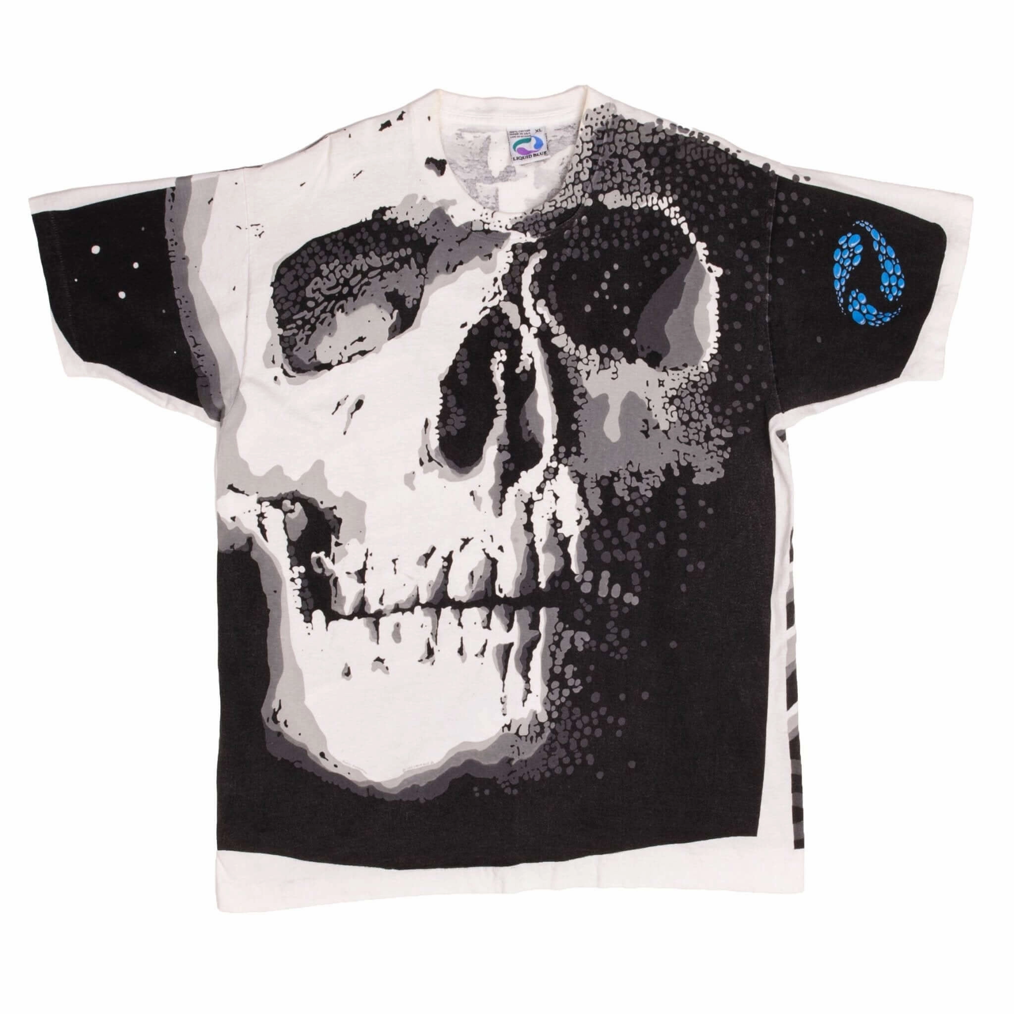 VINTAGE LIQUID BLUE ALL OVER PRINT SKULL PINKERTON TEE SHIRT 1992 XL MADE USA