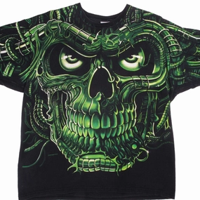 VINTAGE LIQUID BLUE ALL OVER PRINT TERMINATOR SKULL TEE SHIRT 1998 SIZE XL